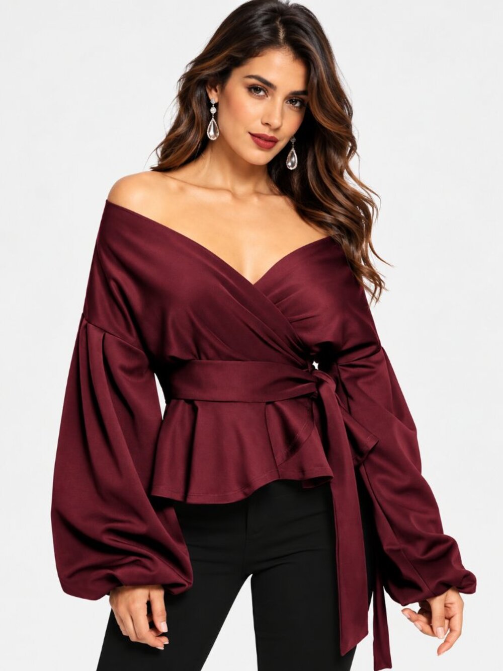 Lantern Sleeve Belted Wrap Off the Shoulder Top